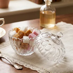 Elegante tarro de cristal con relieve de estilo francés con tapa para joyas o azúcar