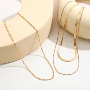 Detail view of gold layered snake chain and twisted rope necklace for women