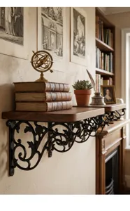 Detail of an ornate vintage cast iron shelf bracket with scrollwork design