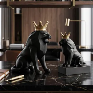 Esculturas de león negro con coronas doradas, decoración de lujo para oficina u hogar