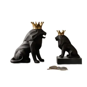 Esculturas de león de resina negra nórdica con coronas doradas para oficina