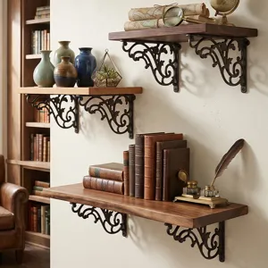European vintage ornate cast iron shelf brackets with rustic wooden wall shelves