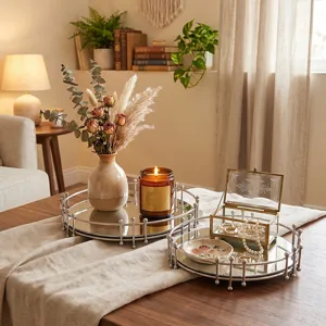 Elegante Scandinavische luxe zilveren metalen spiegel plateau voor huis decoratie