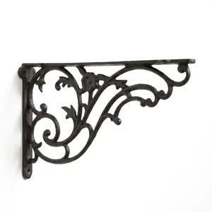 Vintage European style black cast iron decorative shelf bracket with ornate floral scrolls