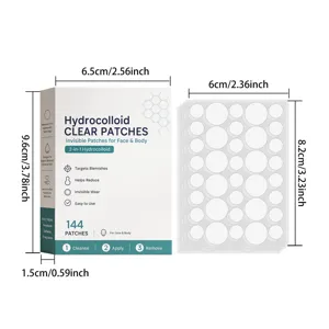 Hydrocolloid clear acne patches 144 count pack detail view showing box and patch dimensions.