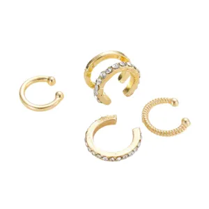 Set of 4 elegant gold-toned C-shaped non-piercing ear cuffs with clear rhinestones