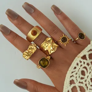 Juego de anillos bohemios vintage dorados con piedras ojo de tigre para joyería apilada
