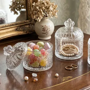 Nordic Ins Clear Embossed Glass Jewelry Box Crown Lid Decorative Candy Jar Storage Holder Desk Ornament Home Decor