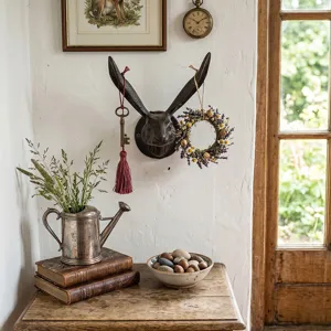 Rustieke gietijzeren konijnenkop wandhaak voor vintage interieurdecoratie en sleutels.