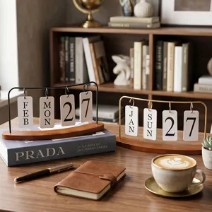 Calendrier Perpétuel Européen en Fer Vintage Ornement de Bureau Minimaliste Moderne Manuel à Feuilles Mobiles Base en Bois Décoration de Bureau Maison