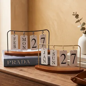 Décoration de table calendrier perpétuel manuel de style vintage avec support en fer et bois