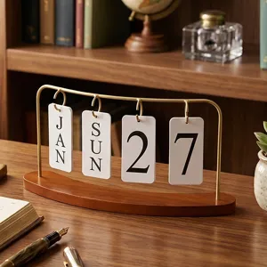 Calendrier perpétuel vintage élégant en fer et bois pour bureau avec cartes à rabat