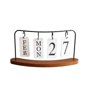 Calendrier perpétuel de bureau vintage en fer avec socle en bois pour décoration de bureau