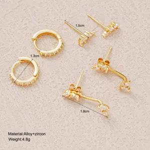 Detailed gold-plated zircon earring set view with dimensions and material specs.