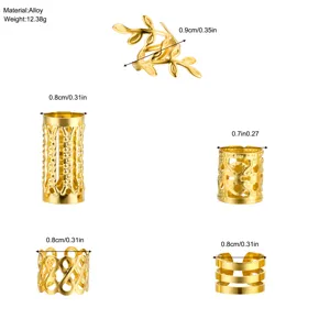 Set of five golden hollow-out hair braid rings with various patterns and dimensions