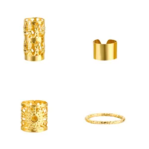 Four styles of gold metallic dreadlock cuffs and rings for DIY hair braiding accessories
