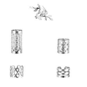 Set of 50 silver metal dreadlock jewelry rings featuring various hollow DIY designs