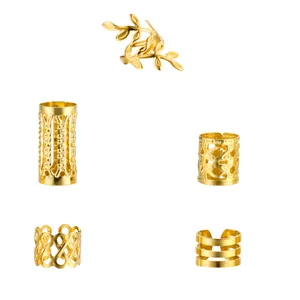Set of five gold hollow-out dreadlock rings and braid cuffs for DIY hair accessory designs