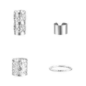 Professional set of 4 silver metallic hollow hair rings for dreadlocks and braids