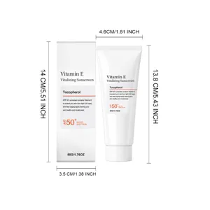 Vue détaillée du tube et de la boîte de crème solaire Vitalizing Vitamin E avec dimensions.