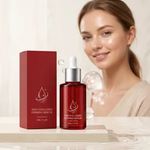 Vista dettagliata del siero viso rassodante al collagene NAD con pipetta e scatola.