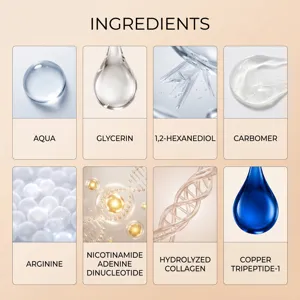 Infografica dettagliata degli ingredienti dell'essenza con formule attive come acqua e collagene.