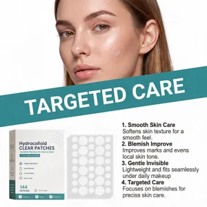 Hydrocolloid blemish patches detail showing skin application, clear breathable texture for face.