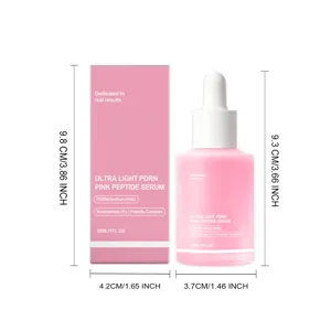 Pink PDRN peptide facial serum 30ml with dropper bottle and packaging box showing size.