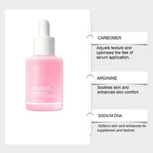 Detailed view of pink facial serum with active ingredients like PDRN and peptide complex.