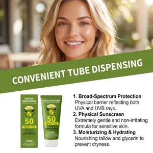 Crème solaire minérale douce SPF 50+ au suif, protection physique pour les peaux sensibles.