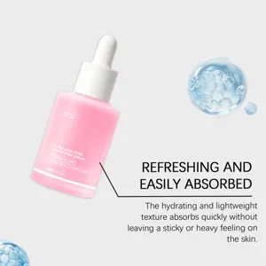 Refreshing pink facial serum in 30ml dropper bottle with hydrating peptide formula.