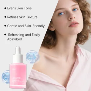 Close-up detail of Ultra Light PDRN Pink Peptide Serum in pink bottle with dropper, 30ml.