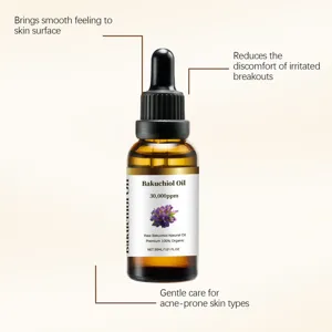 Vue détaillée huile visage bakuchiol, essence hydratante douce pour peau lisse.