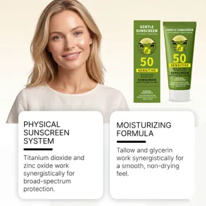 Crème solaire minérale douce FPS 50+, enrichie en suif de bœuf et en extrait d'aloe vera apaisant.