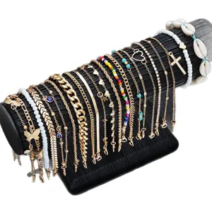 22-piece gold anklet set with cross, shell, and colorful beads for women