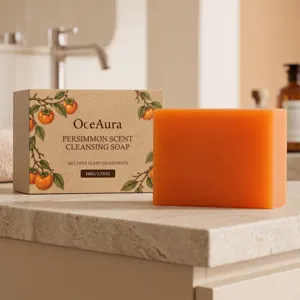 OceAura savon nettoyant parfum kakis vue de détail montrant le pain de savon et boîte.