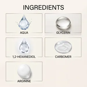 Dettaglio ingredienti essenza viso con acqua glicerina carbomer per cura pelle delicata quotidiana.
