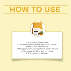 Turmeric kojic acid cleansing bar detail view, showing packaging and clear usage instructions.