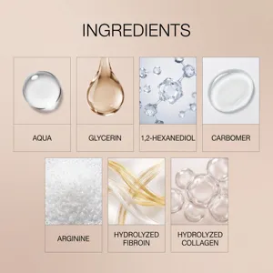 Grafico dettagliato degli ingredienti del siero in fiala con acqua, glicerina e collagene.