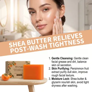 Détail du savon pour le visage au kaki avec beurre de karité nourrissant et extraits doux.