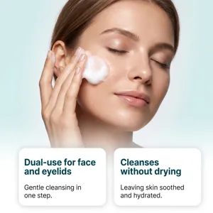 Gentle facial cleansing foam for face and eyelids, providing soothing and hydrating skincare.