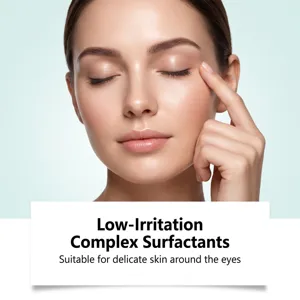 Gentle facial cleansing mousse with low irritation complex surfactants for delicate eye skin care.
