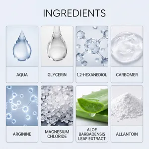 Skin moisturizing spray ingredients chart showing aqua glycerin and aloe vera extracts.