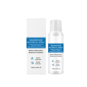 Magnesium botanical spray for skin hydration and soothing care, 100ml bottle and box.