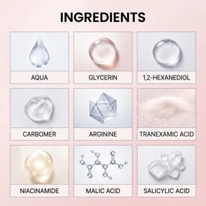 Detail graphic showing 9 key skincare ingredients like aqua, glycerin, and niacinamide in pads.