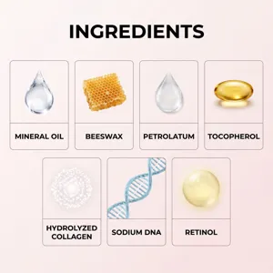 Hautpflege-Stick Inhaltsstoff Grafik mit Mineralöl, Bienenwachs, Petrolatum und Retinol.