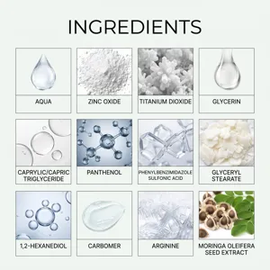 Graphique détaillé des ingrédients de la crème protectrice hydratante au moringa et actifs clés.