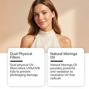 Détail de gros plan présentant des filtres UV physiques et de l'huile de moringa naturelle.