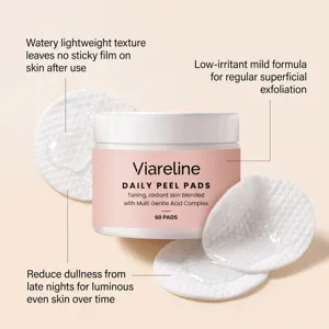 Detail view of VIARELINE gentle exfoliating peel pads jar with textured cotton pads close up.