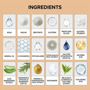 Ingrediëntenoverzicht voor gezichtsmasker met botanische extracten en actieve cosmetische stoffen.